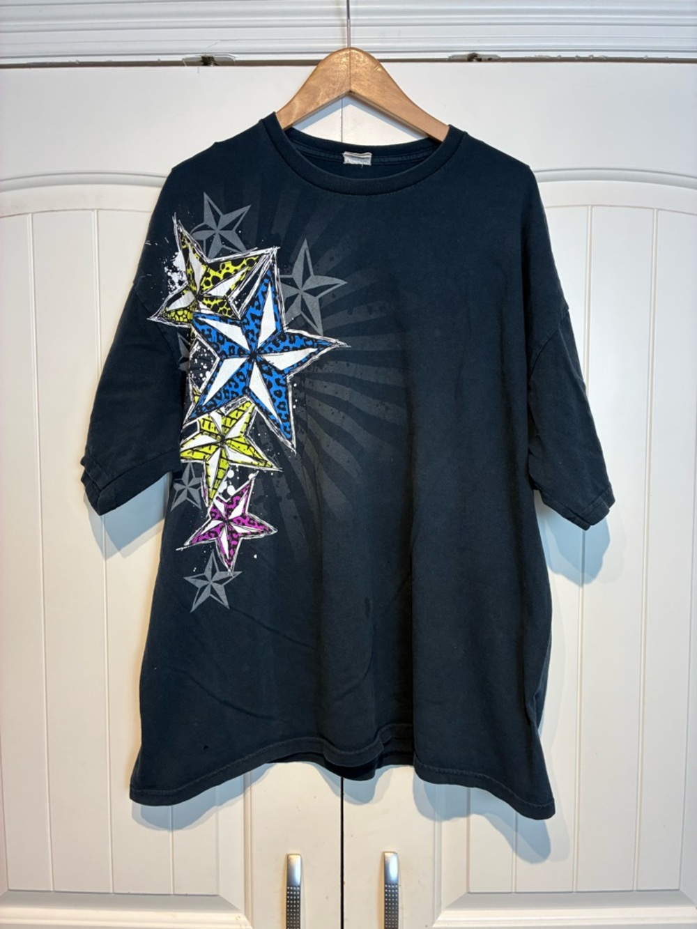 Kids Black Graphic Star Tee with Blue, Yellow & Purple Accents Size XXL